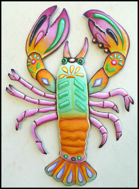Painted Metal Lobster Wall Hanging, Coastal Decorating, Colorful Nautical Decor - 25"